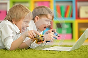 Brothers playing a computer game