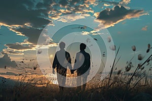 Brothers walking through a field at sunset, showing affection in silhouette photo