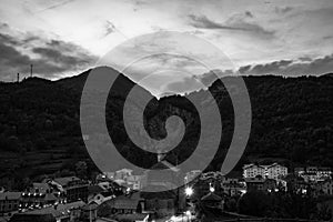 Broto city in the sunset in black and white in Pirineos photo