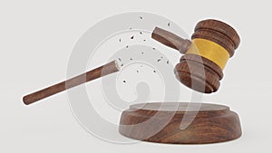 Brouken Judge Wood Hammer on white background. When the laws do not work. 3D Gavel. Render.