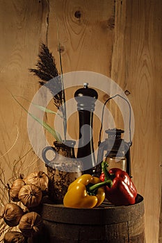 Broun color Still life Wooden barrel with vegetables
