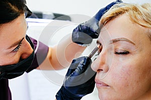 Brow Artist Styling And Plucking Woman`s Brows In Beauty Salon. Selective Focus, Empty Space