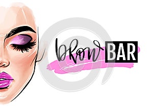 Brow bar logo. Vector beautiful woman face. Girl portrait with long black lashes, brows, sexy lips