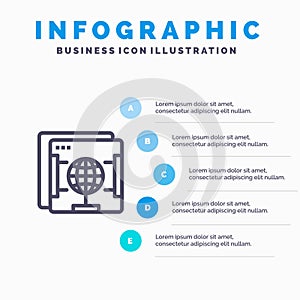 Brower, Internet, Web, Globe Blue Infographics Template 5 Steps. Vector Line Icon template