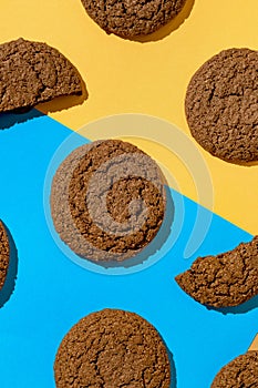 Brown american cookies on bright background. Minimal style. Bakery and pastry concept. Top view. Flat lay