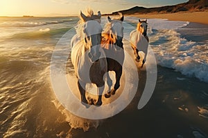 Brown Arabian Horses Galloping At The Beach