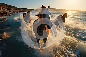 Brown Arabian Horses Galloping At The Beach