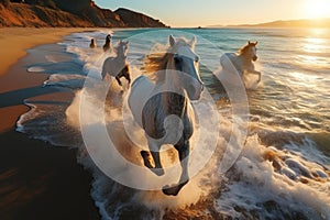 Brown Arabian Horses Galloping At The Beach