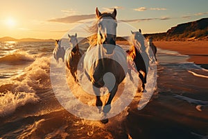 Brown Arabian Horses Galloping At The Beach