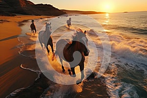 Brown Arabian Horses Galloping At The Beach