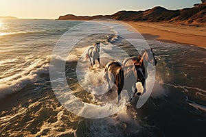 Brown Arabian Horses Galloping At The Beach