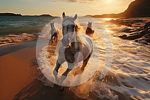 Brown Arabian Horses Galloping At The Beach
