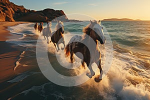 Brown Arabian Horses Galloping At The Beach