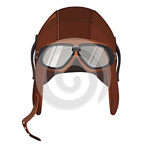 Brown aviator hat with goggles isolated on white photo