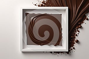 on a brown background, a chocolate texture smoothly flows through an empty white frame