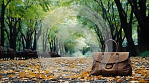 A brown bag sitting on top of a leaf covered ground, AI