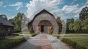 Brown barn on farm landscape