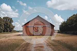 Brown barn on farm landscape