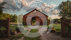 Brown barn on farm landscape