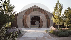 Brown barn on farm landscape