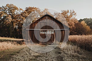 Brown barn on farm landscape