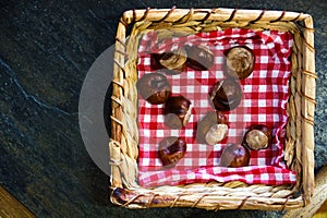 Brown in a basket from above.