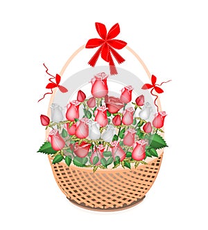 Brown Basket of Lovely White and Red Roses