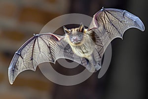A brown bat is flying with its wings spread wide