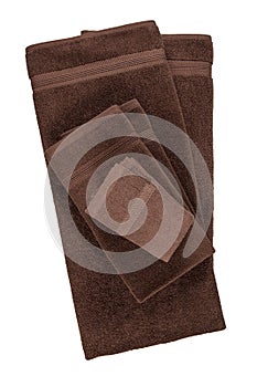 Brown Bath Towel Top View 100% Cotton Terry Towels Isolated with White Background. New Hotel Spa Cotton Soft Beautiful Design Bath