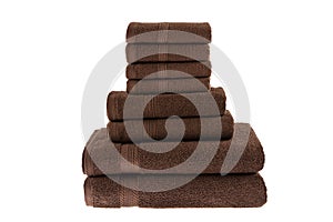 Brown Bath Towel Top View 100% Cotton Terry Towels Isolated with White Background. New Hotel Spa Cotton Soft Beautiful Design Bath