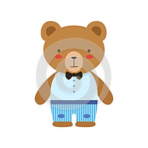 Brown Bear In Bow Tie, Blue Pants And White Top Cute Toy Baby Animal Dressed As Little Boy