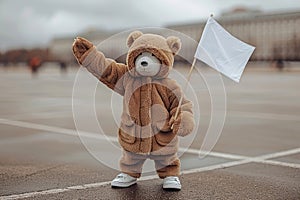 Brown bear, a carnivore, stands near a white flag