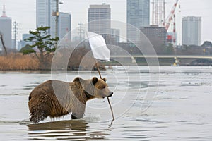 Brown bear, a carnivore, stands near a white flag on a rock by water