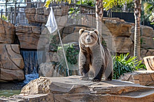 Brown bear, a carnivore, stands near a white flag on a rock by water