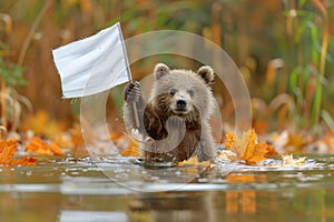 Brown bear, a carnivore, stands near a white flag on a rock by water