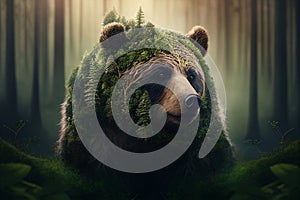 Brown bear covered with moss and forest, surrealism. Generative AI