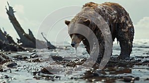 A brown bear covered in oil is walking along the coastal area. An oil spill affecting marine life. The scene is gloomy