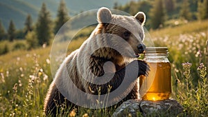 brown bear eats honey from a jar on the meadow
