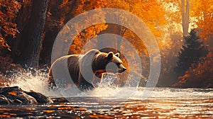 Brown Bear Emerging from a River in an Autumn Forest