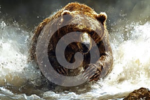Brown Bear Emerging from Water with Claws Extended