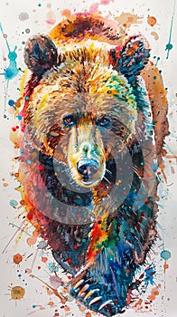 Brown bear grizzly painting in watercolo style vertical