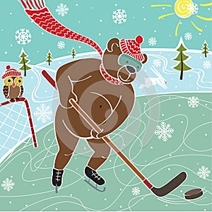 Brown bear hockey in nature. Humorous illustration