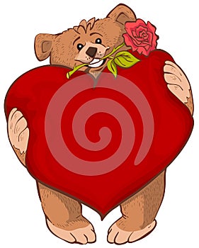 Brown bear holding heart and rose flower. Greeting Card Valentines Day