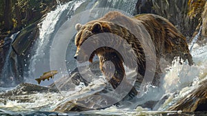 Brown bear hunting for salmon in mountain river in summer, wild grizzly animal in water on waterfall background. Concept of