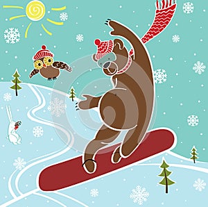 Brown bear jumps on snowboard.Humorous illustratio