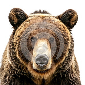 Brown bear looking directly at camera with white background