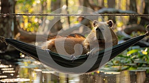 Brown Bear Lounging in Hammock in Forest