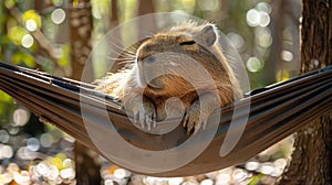 Brown Bear Lounging in Hammock in Forest