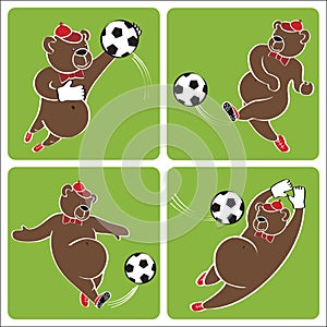 Brown bear plays football.Cartoon humorous illustration s