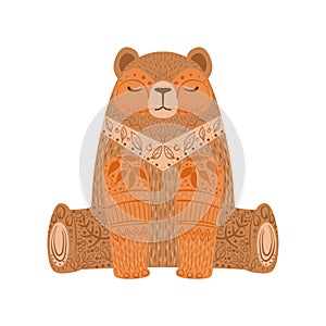 Brown Bear Relaxed Cartoon Wild Animal With Closed Eyes Decorated With Boho Hipster Style Floral Motives And Patterns